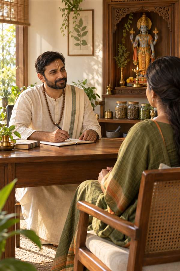 Consulta de Ayurveda con terapeuta, paciente y murti de Śrī Dhanvantari