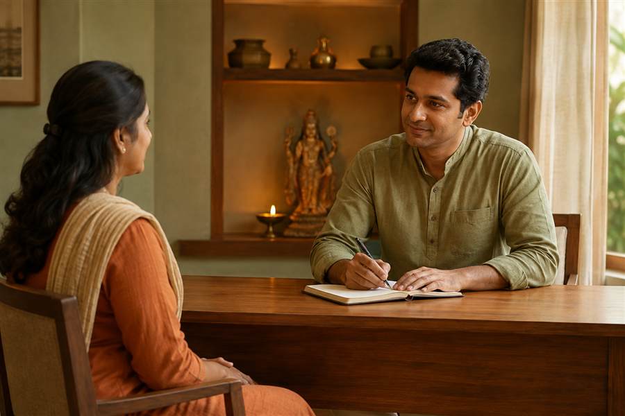 Terapeuta de Ayurveda tomando notas durante una consulta con una mujer; murti de Śrī Dhanvantari y lámpara de ghee al fondo