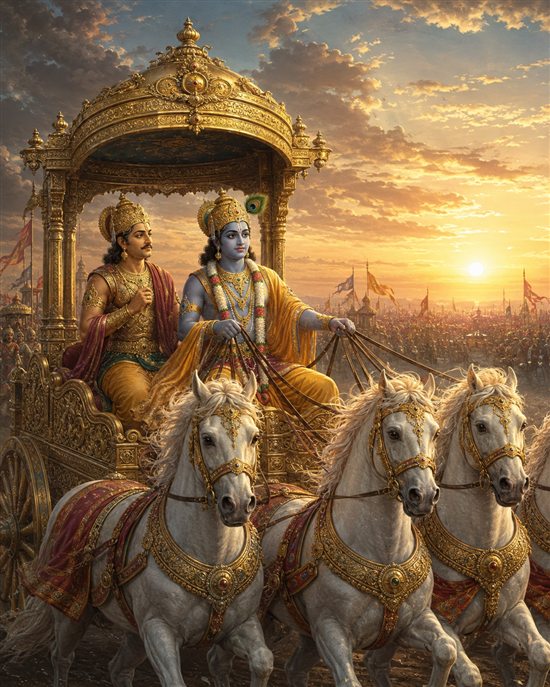 Kṛṣṇa conduce el carro de Arjuna en Kurukṣetra