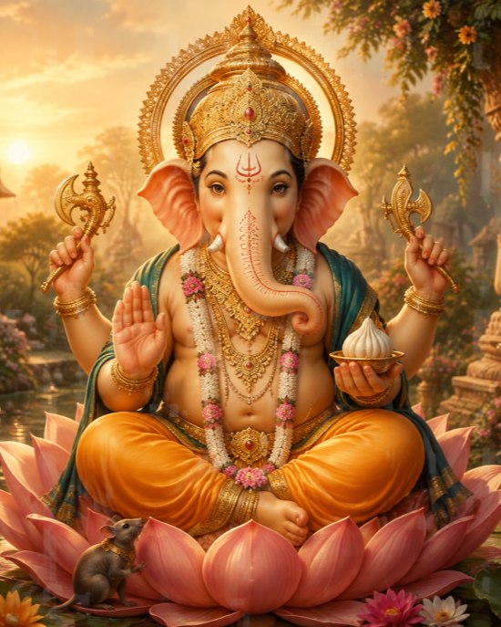 Ganesha sentado en un loto en un jardín de templo al amanecer