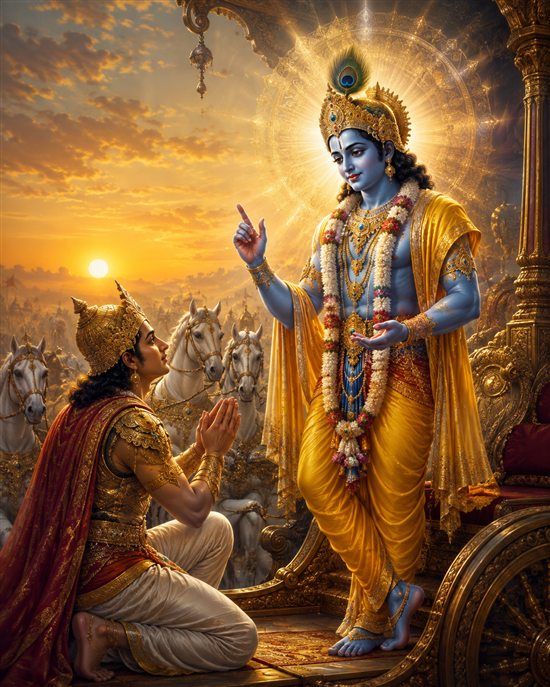Kṛṣṇa revela su enseñanza a Arjuna en Kurukṣetra