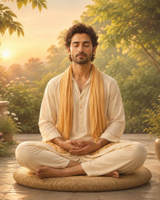 Persona en meditación con rostro sereno en un jardín al amanecer
