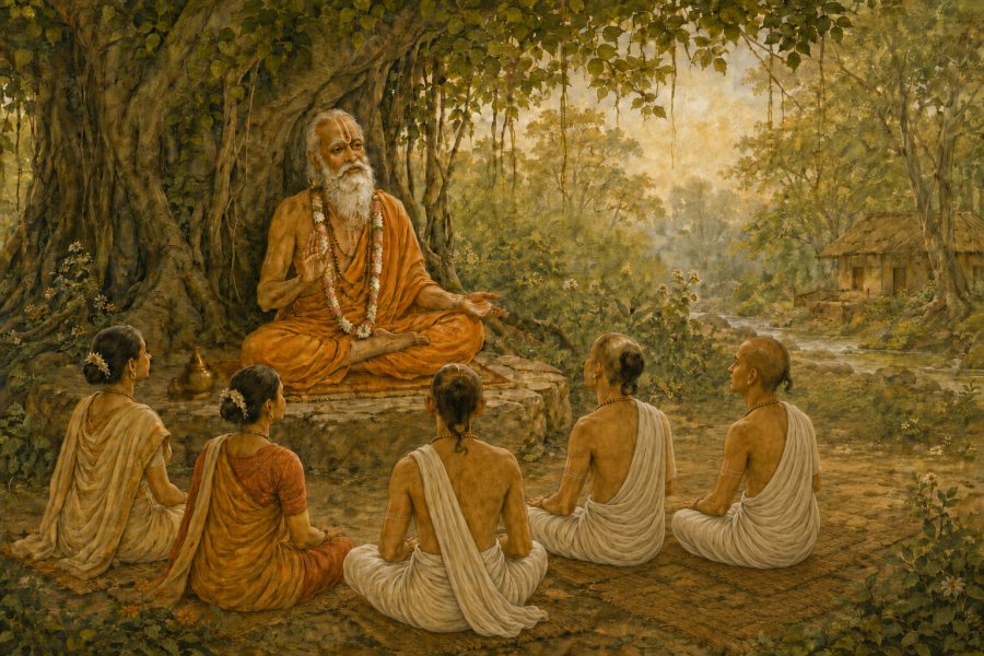 Guru vaishnava con discípulos y discípulas escuchando una enseñanza bajo un árbol