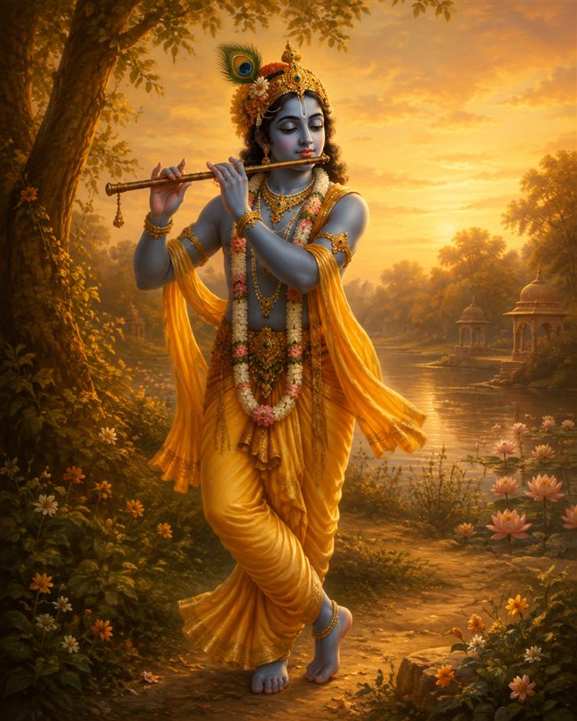 Krishna tocando la flauta en un paisaje inspirado en Vrindavan