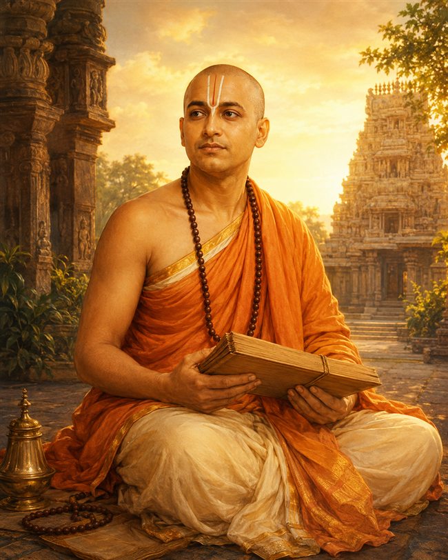 Madhvācārya con textos sagrados en un entorno de templo del sur de India