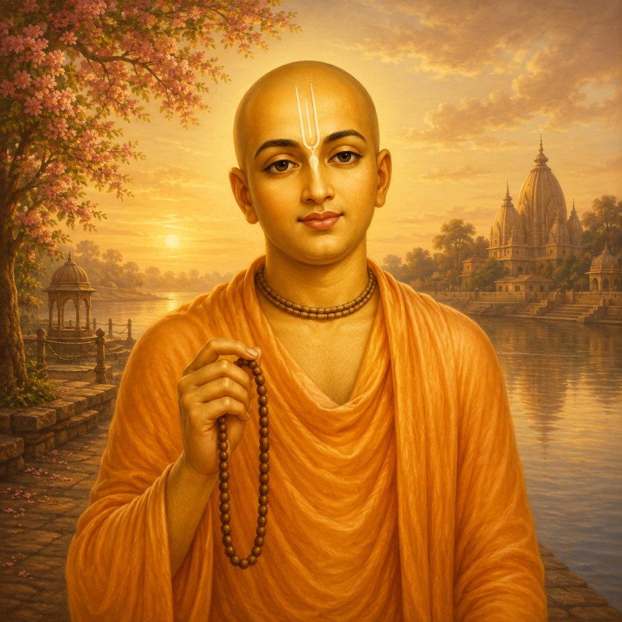 Sri Caitanya Mahaprabhu sin cabello sosteniendo un japa mala