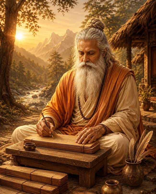 Vyasadeva escribiendo textos védicos en su ermita del Himalaya