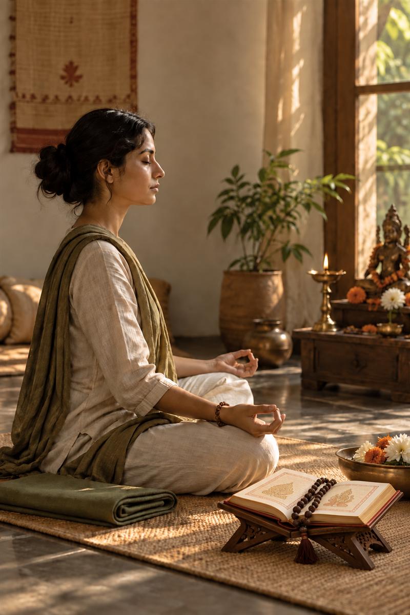 Práctica de Yoga Tradicional con escritura sobre soporte y japa mālā